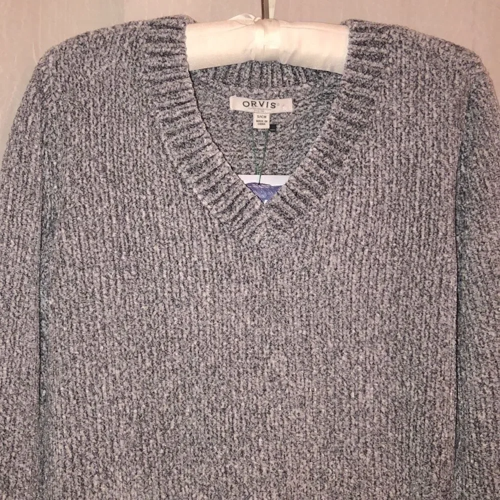 Orvis S Silver Gray Classic Collection Chenille Knit V-Neck Sweater